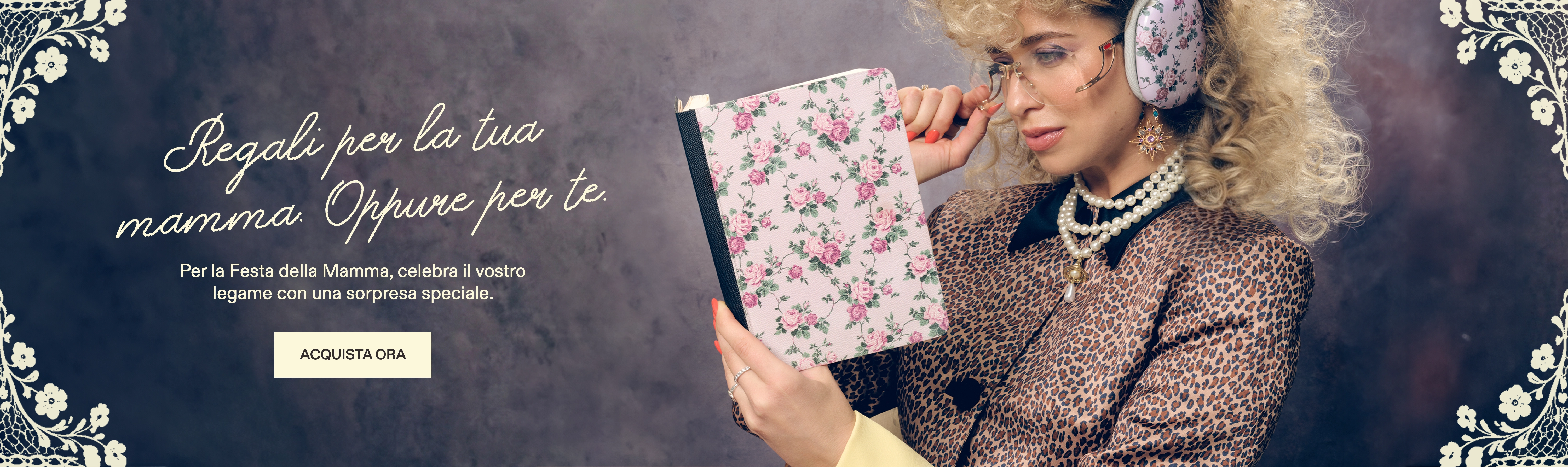 A woman in a leopard print jacket and pearls looks at a floral-patterned notebook she is holding.
