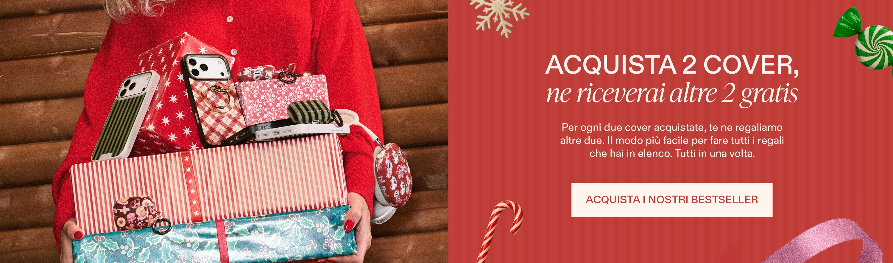 Person holding wrapped gifts and phone cases, with promotional text on the right.