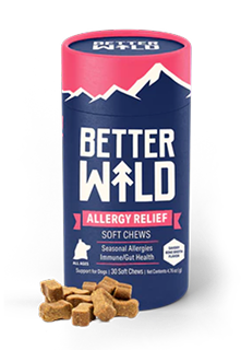 Dog allergy relief soft chews container with scattered bone-shaped treats.