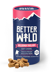Blue and pink container labeled 'Better Wild Allergy Relief' with small bone-shaped chews beside it.