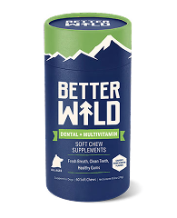 Blue and green container labeled 'Better Wild' dental supplements.
