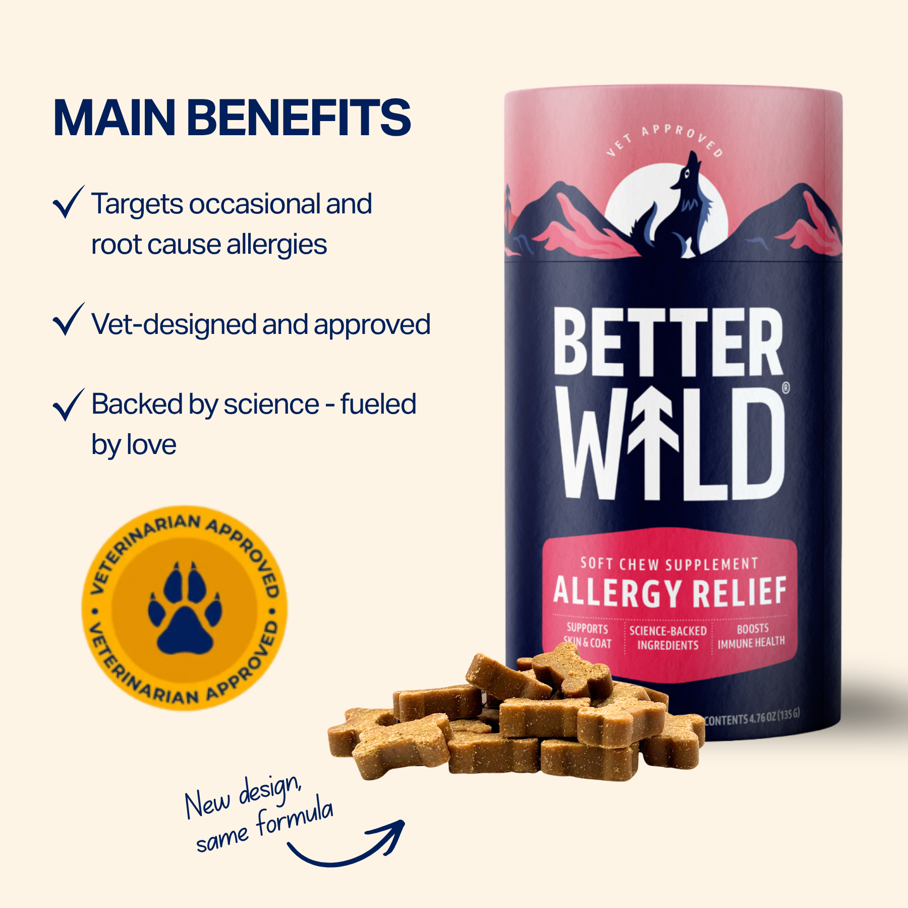 A container of Better Wild Allergy Relief dog supplements with a pile of the chews and listed benefits.