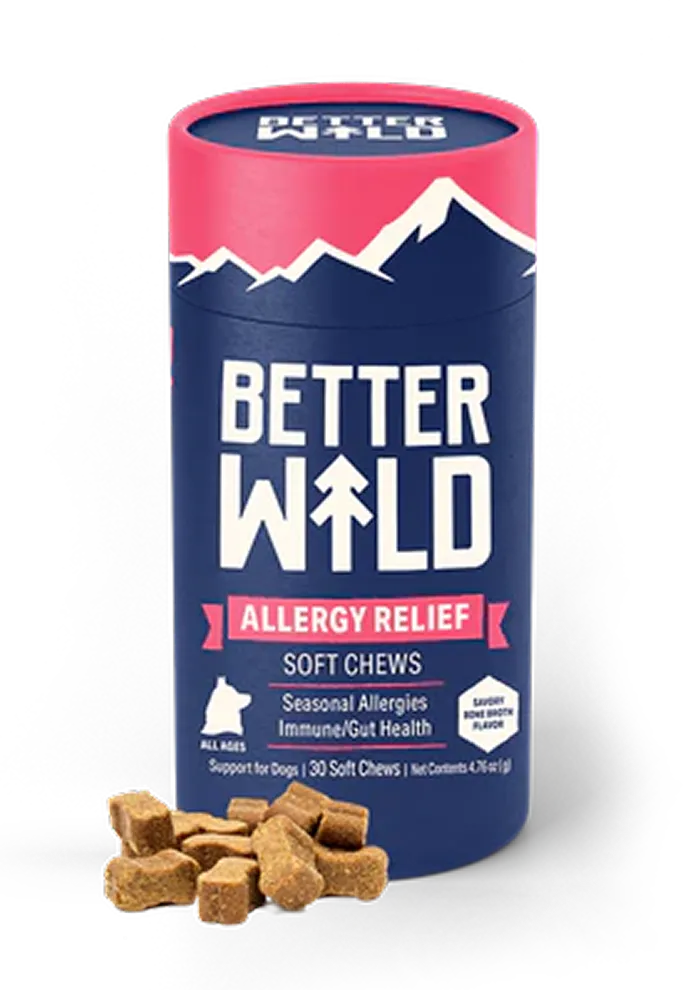 Container of allergy relief soft chews for dogs, with loose chews beside it.