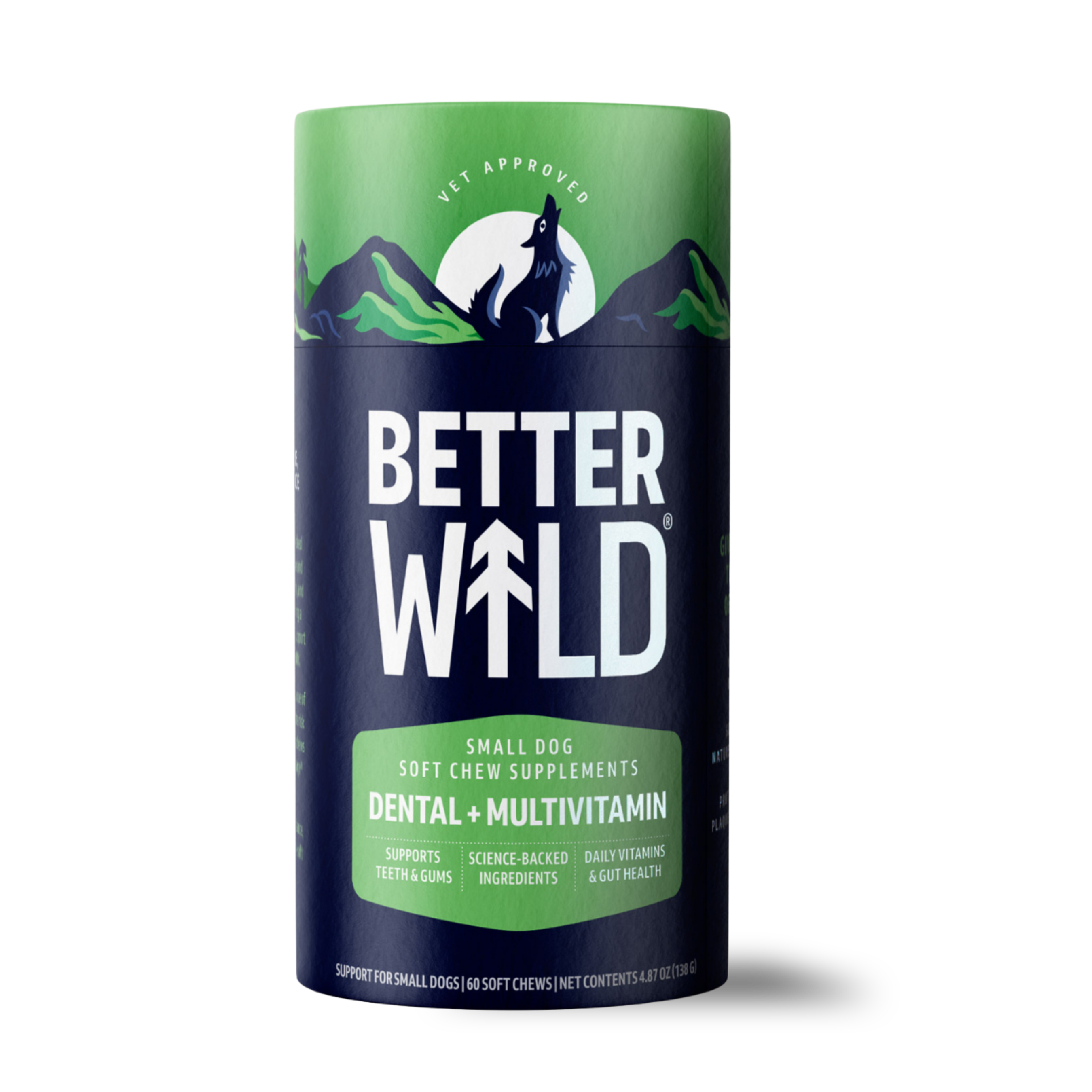A canister of Better Wild Small Dog Dental + Multivitamin soft chew supplements on a white background.