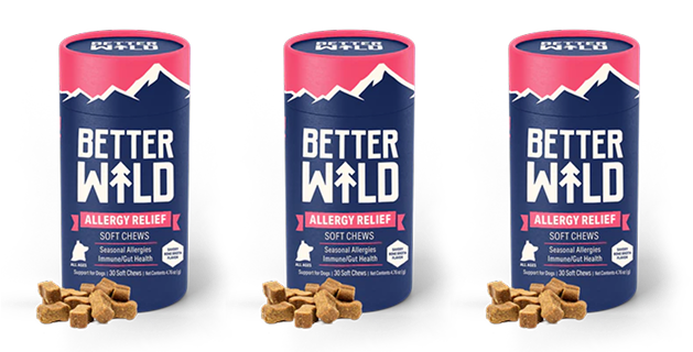 Three containers of Better Wild Allergy Relief Soft Chews for dogs.