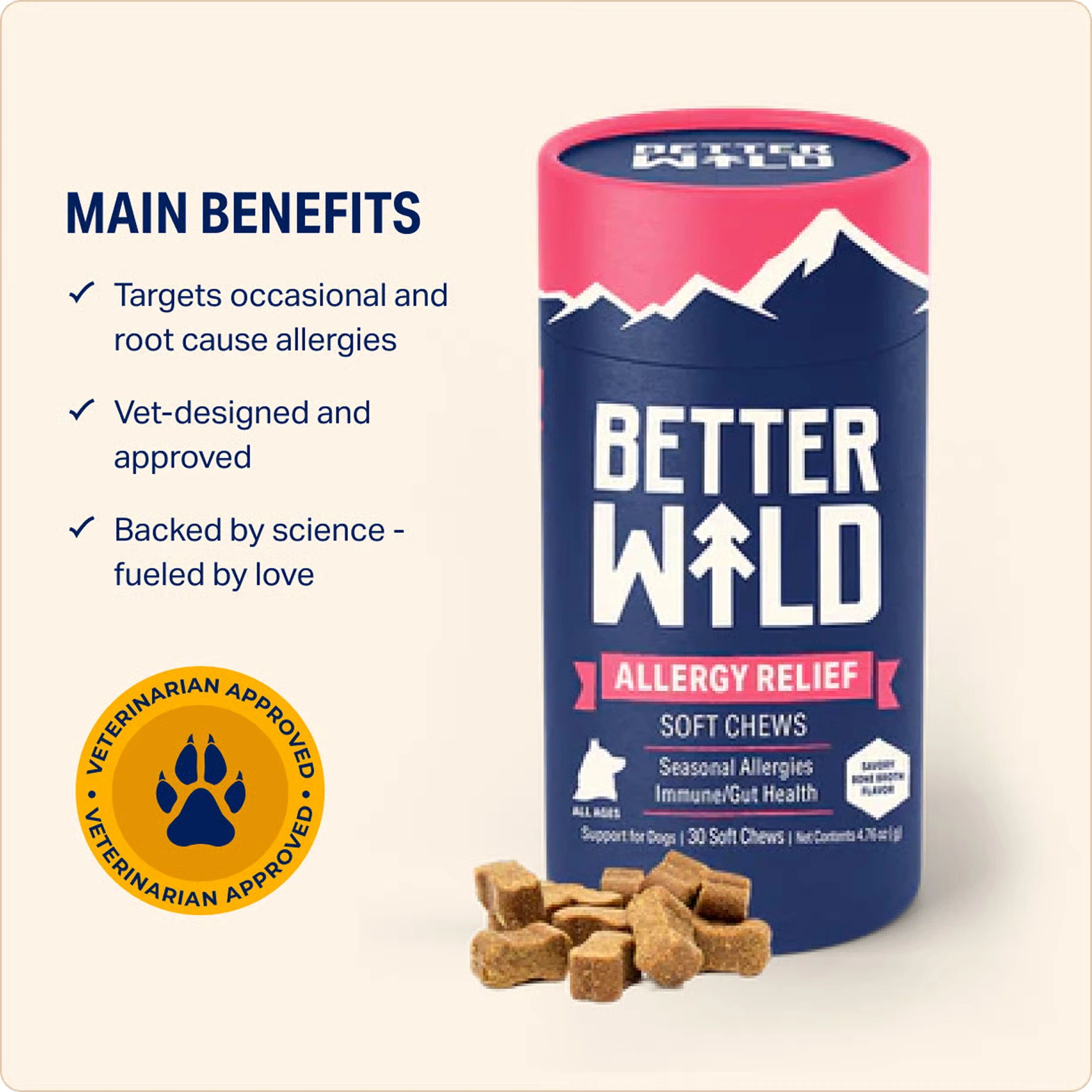 Dog allergy relief soft chews packaging with benefits and veterinarian approval badge.