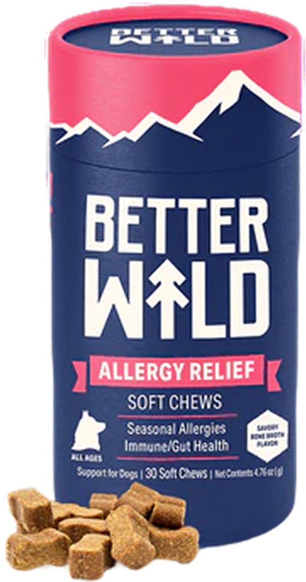 Container of dog allergy relief soft chews with mountain design.
