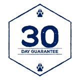 'Hexagonal badge with '30 Day Guarantee' and paw prints.'