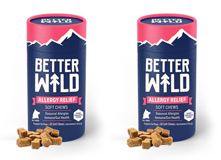 Two containers of Better Wild Allergy Relief soft chews with scattered brown chews in front.
