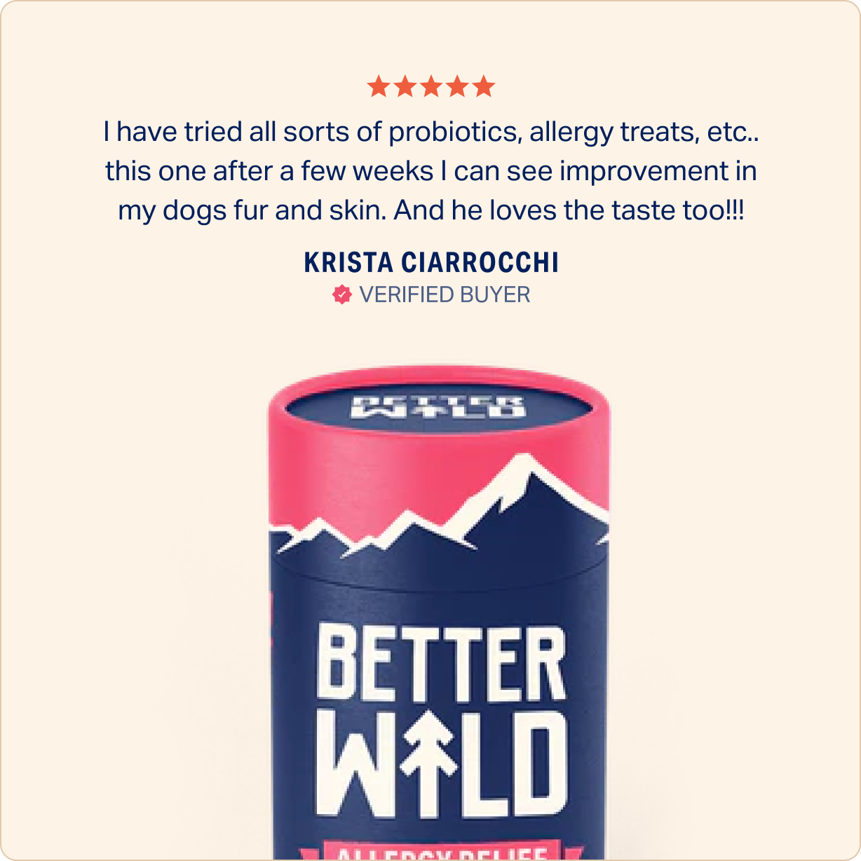 Dog allergy relief product with five-star review from a verified buyer.