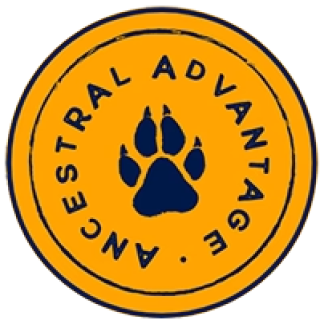 A round orange badge featuring a blue animal paw print and 'Ancestral Advantage' text.