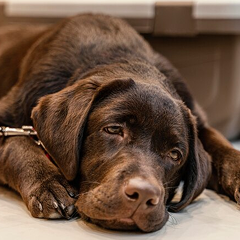 A brown dog lying down, looking relaxed and sleepy.