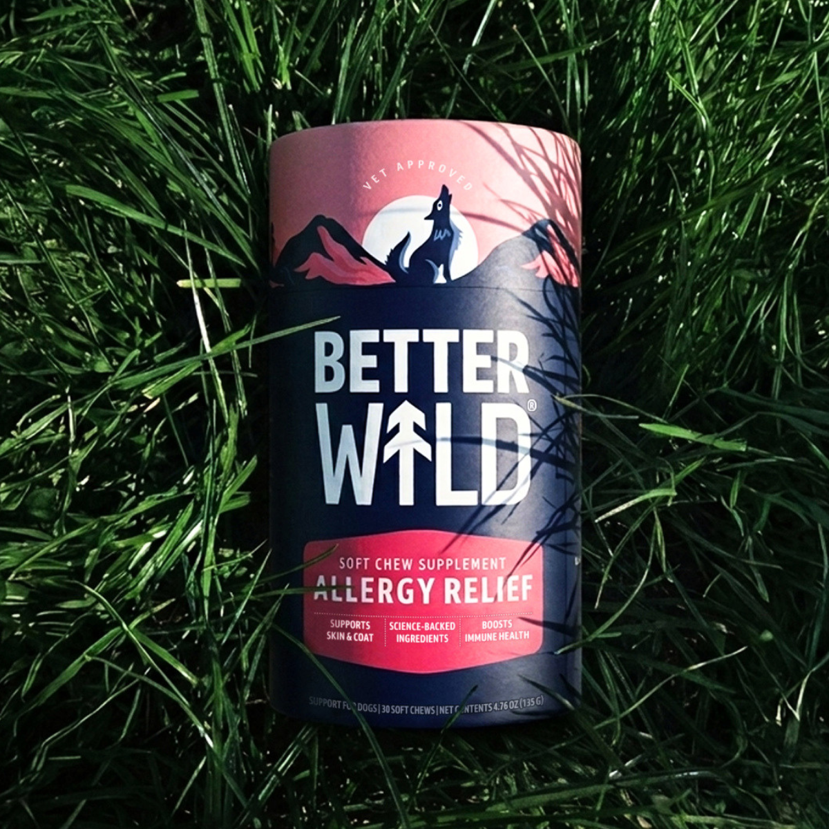 A container of Better Wild Allergy Relief soft chew supplement for dogs resting in green grass.