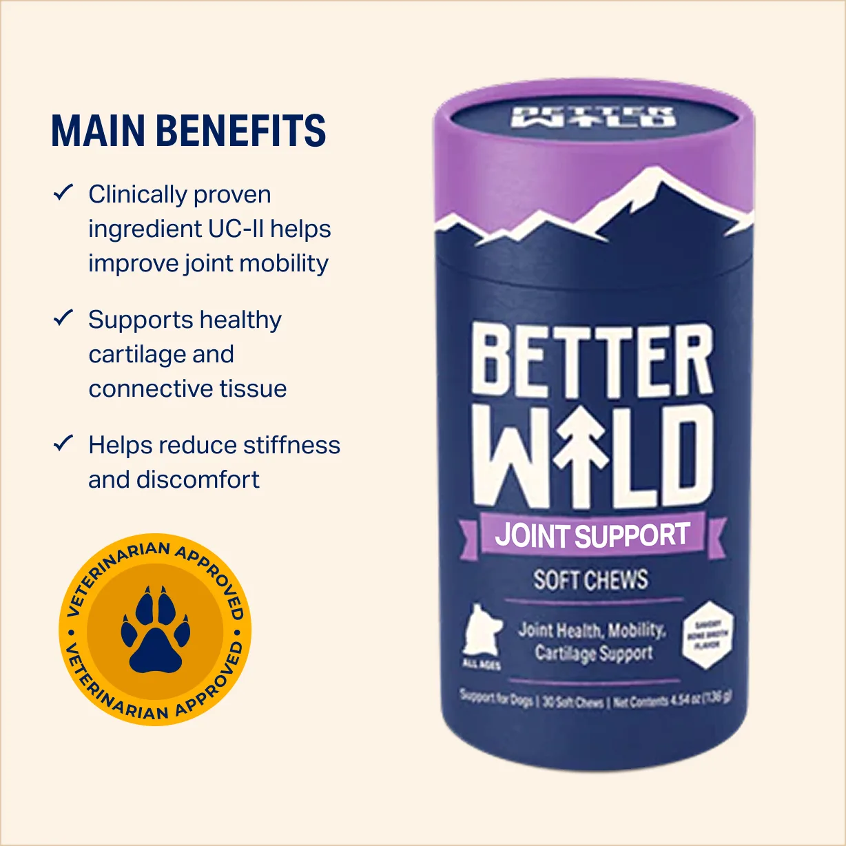 A canister of Better Wild Joint Support Soft Chews for dogs, beside a list of its main benefits.