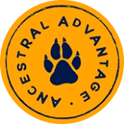 A circular orange logo with a dark blue paw print and the words 'Ancestral Advantage'.