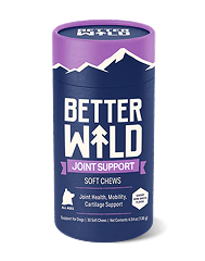 Blue and purple container labeled 'Better Wild Joint Support Soft Chews'.