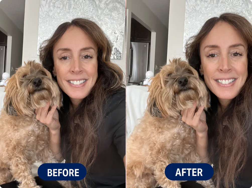 Woman and dog in before and after photos.