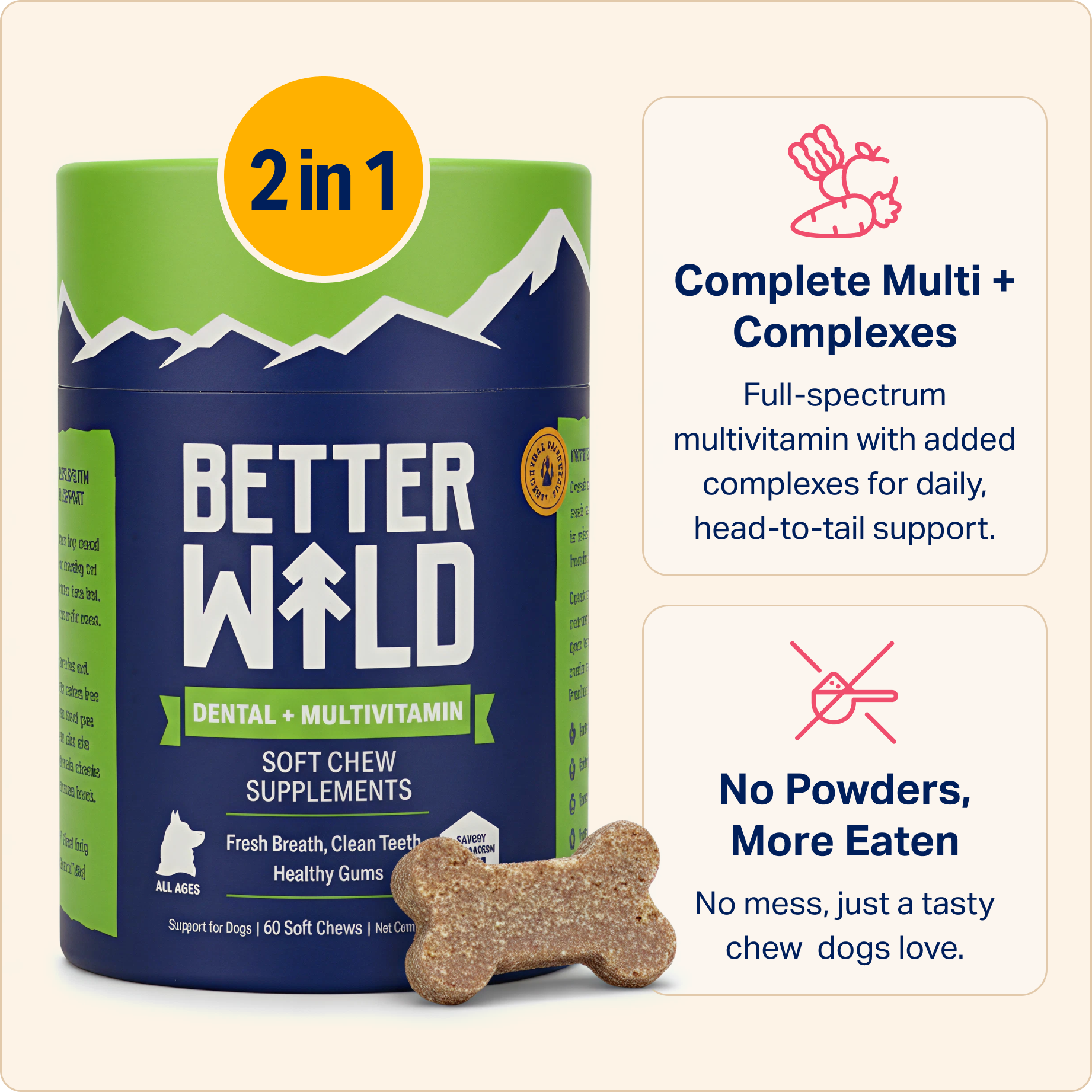 Dog supplement container with bone-shaped chew, promoting dental and multivitamin benefits.