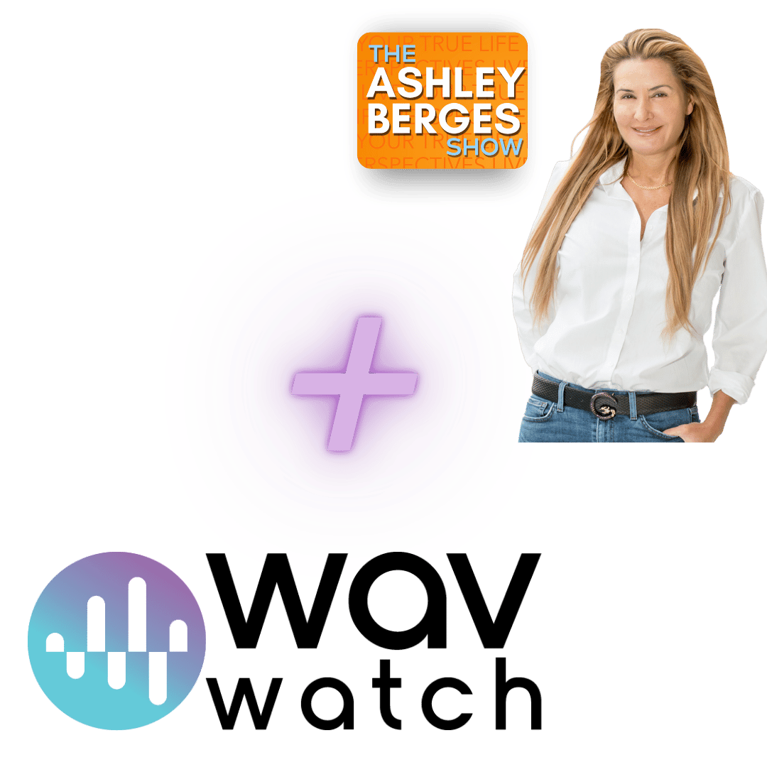 Collage with a woman, podcast logo, and WAV watch symbol.