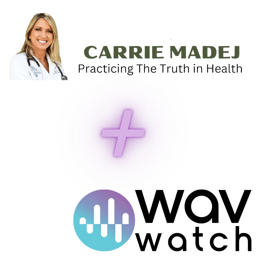 Image with a woman's photo, text, and a circular design with a plus sign.