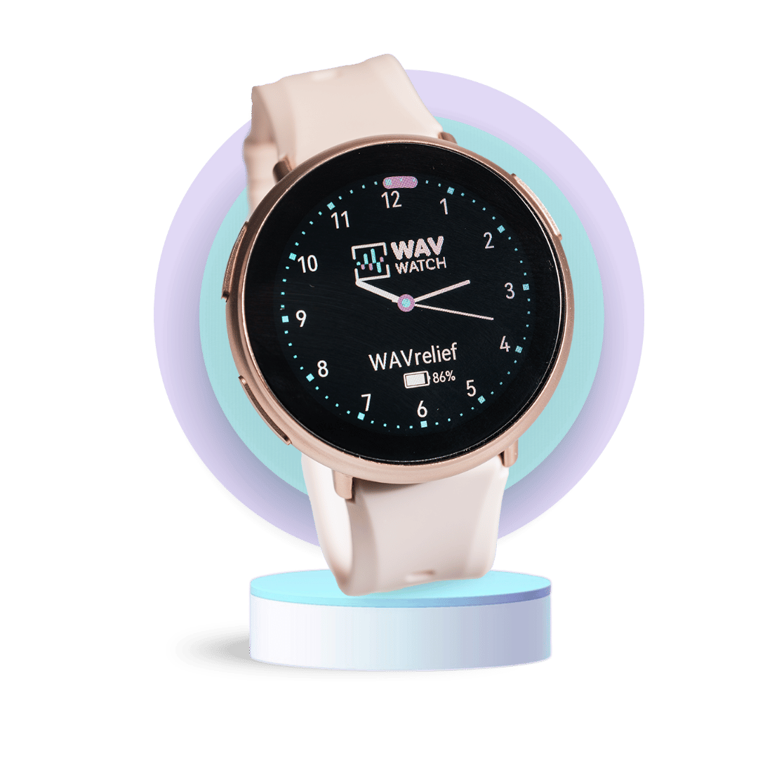 Smartwatch with a round face displaying time and battery percentage, on a stand.