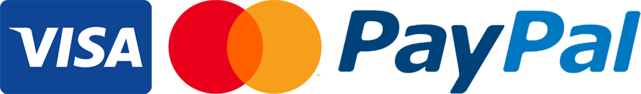 Logos of Visa, Mastercard, and PayPal on a white background.