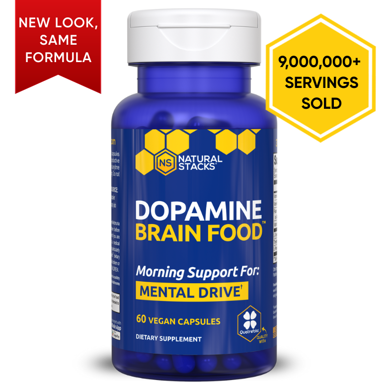 Blue bottle of Dopamine Brain Food supplement with labels and badges.