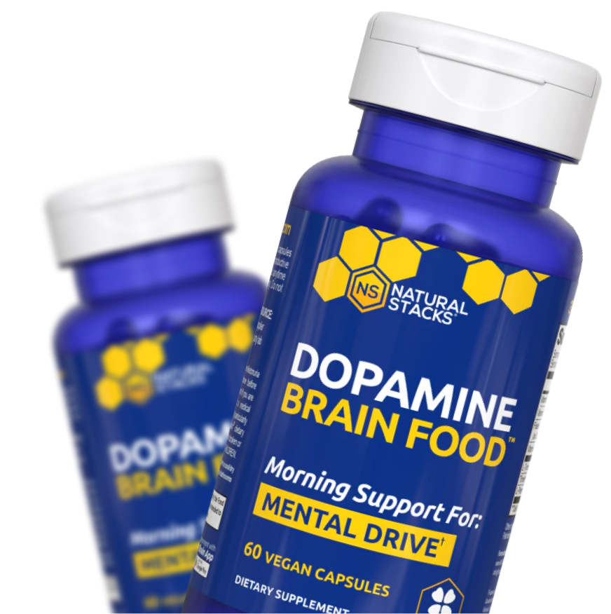 Two blue bottles of dopamine brain supplement with yellow hexagon design.