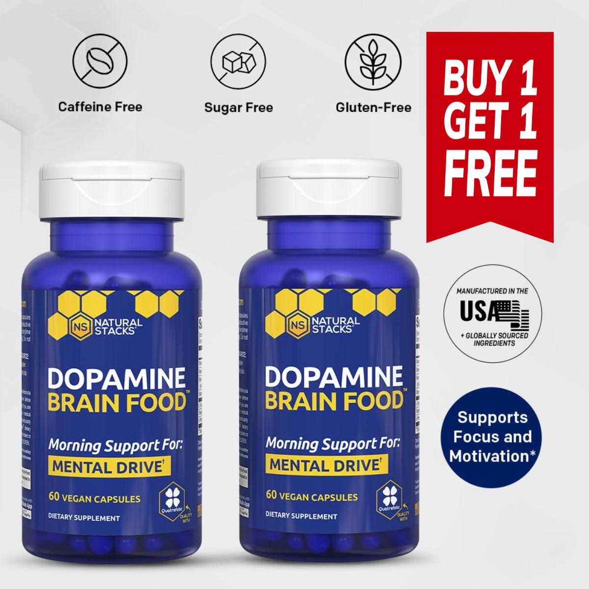 Two bottles of Natural Stacks Dopamine Brain Food supplement with a 'Buy 1 Get 1 Free' offer.
