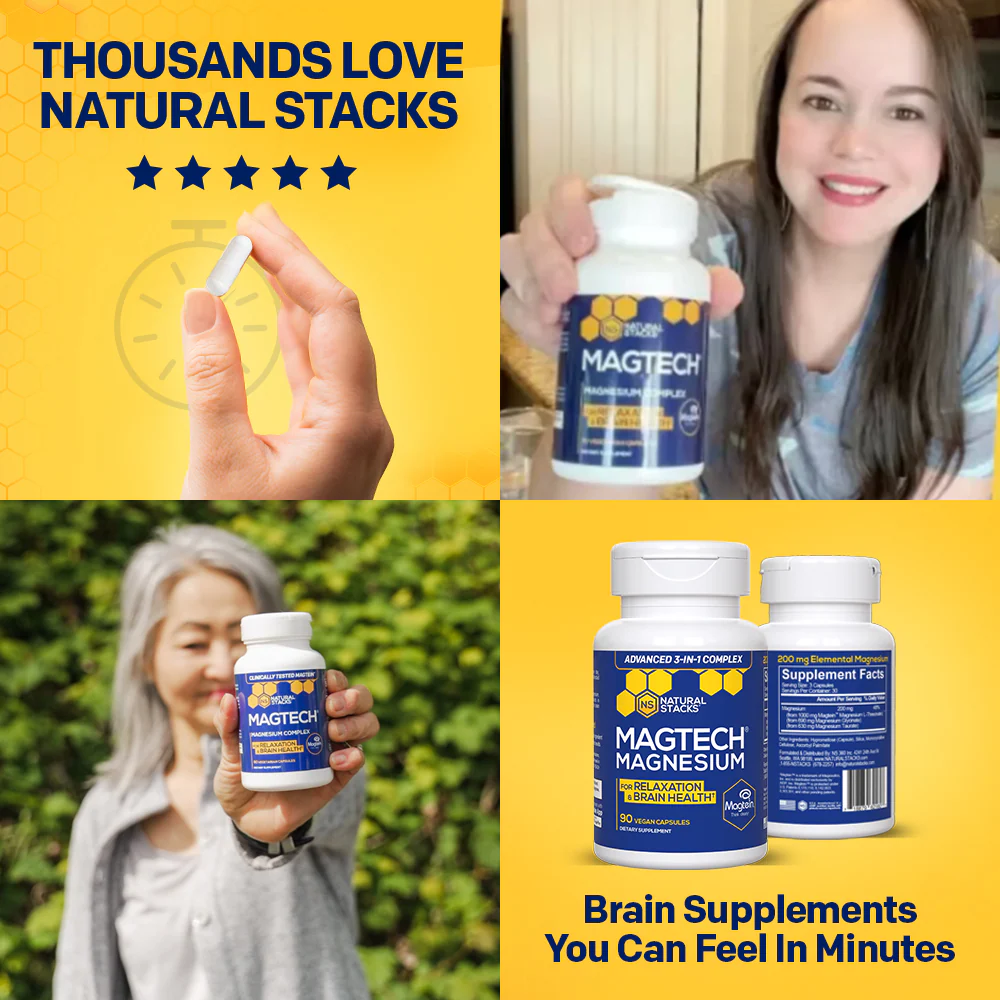 Collage of people holding MagTech supplement bottles with yellow background and promotional text.