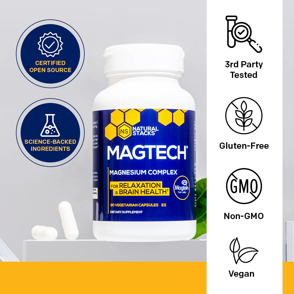 Magtech magnesium supplement bottle with icons for testing, gluten-free, non-GMO, and vegan features.