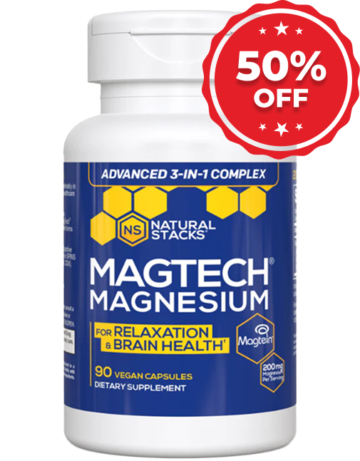 Bottle of MagTech Magnesium supplement with 50% off badge.