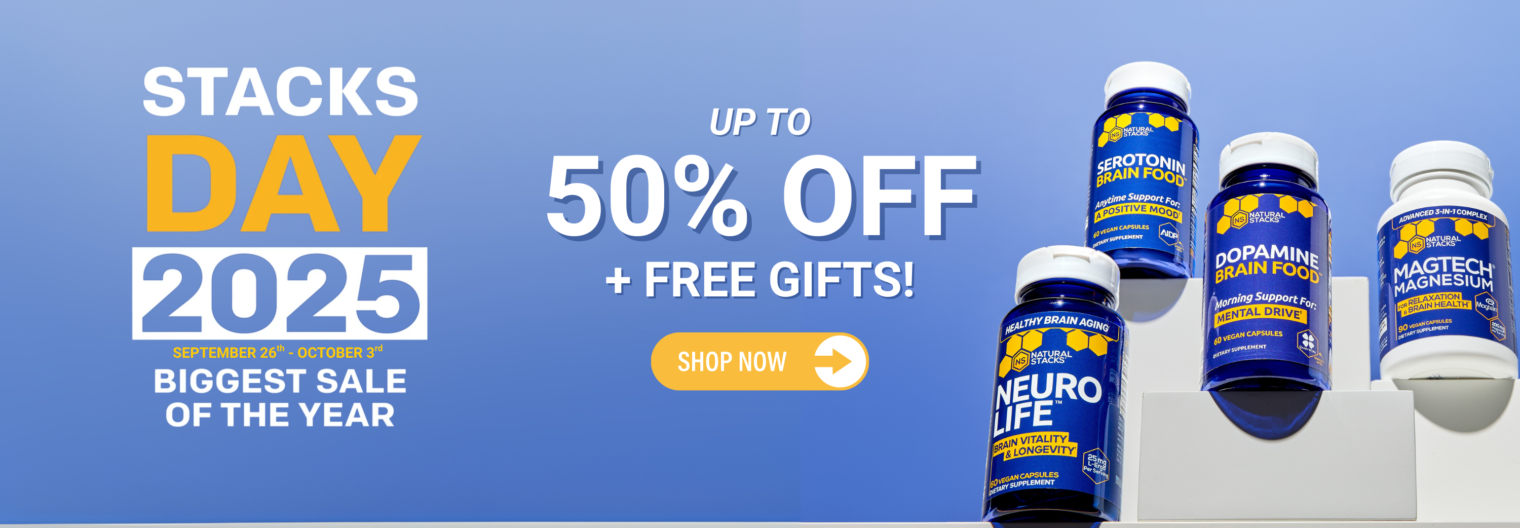 Promotional image for Stacks Day 2025 sale with supplements and discounts.