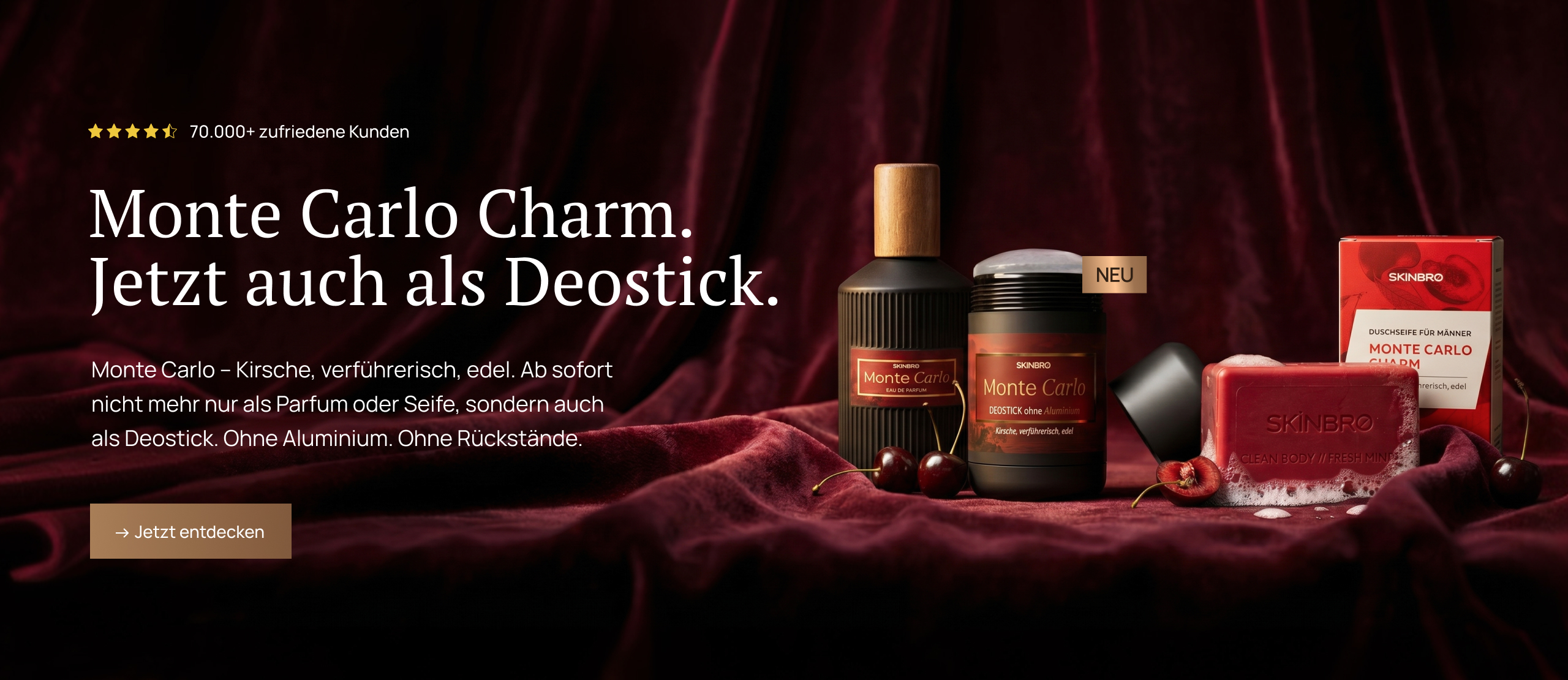 An advertisement for Skinbro's Monte Carlo grooming products, including a new deodorant, with cherries on a red background.