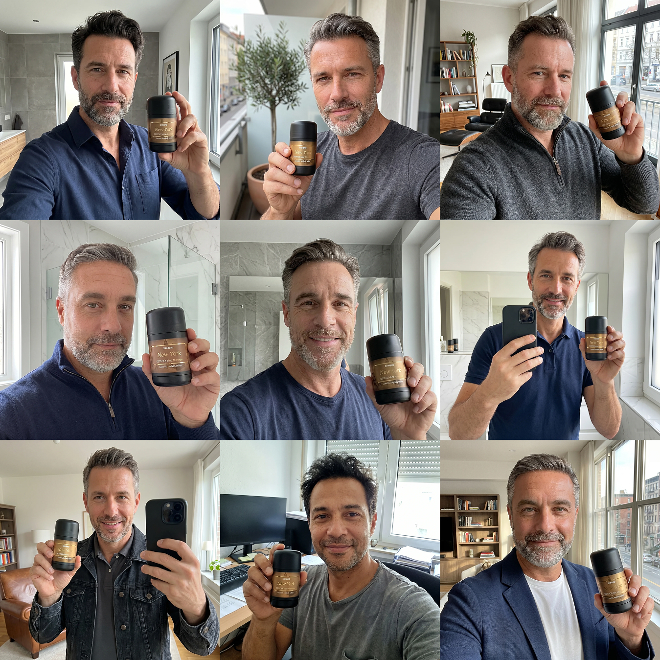 A collage of nine photos showing different men holding up a black deodorant stick in various home settings.