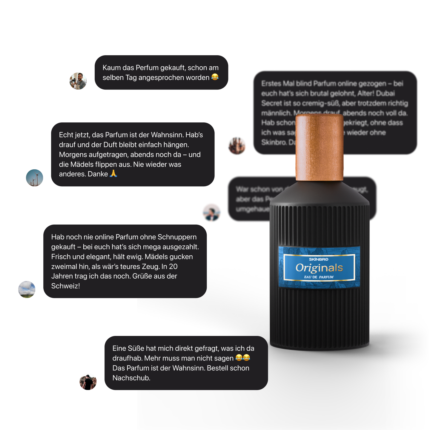 A black perfume bottle with a wooden cap surrounded by chat bubbles with German text.