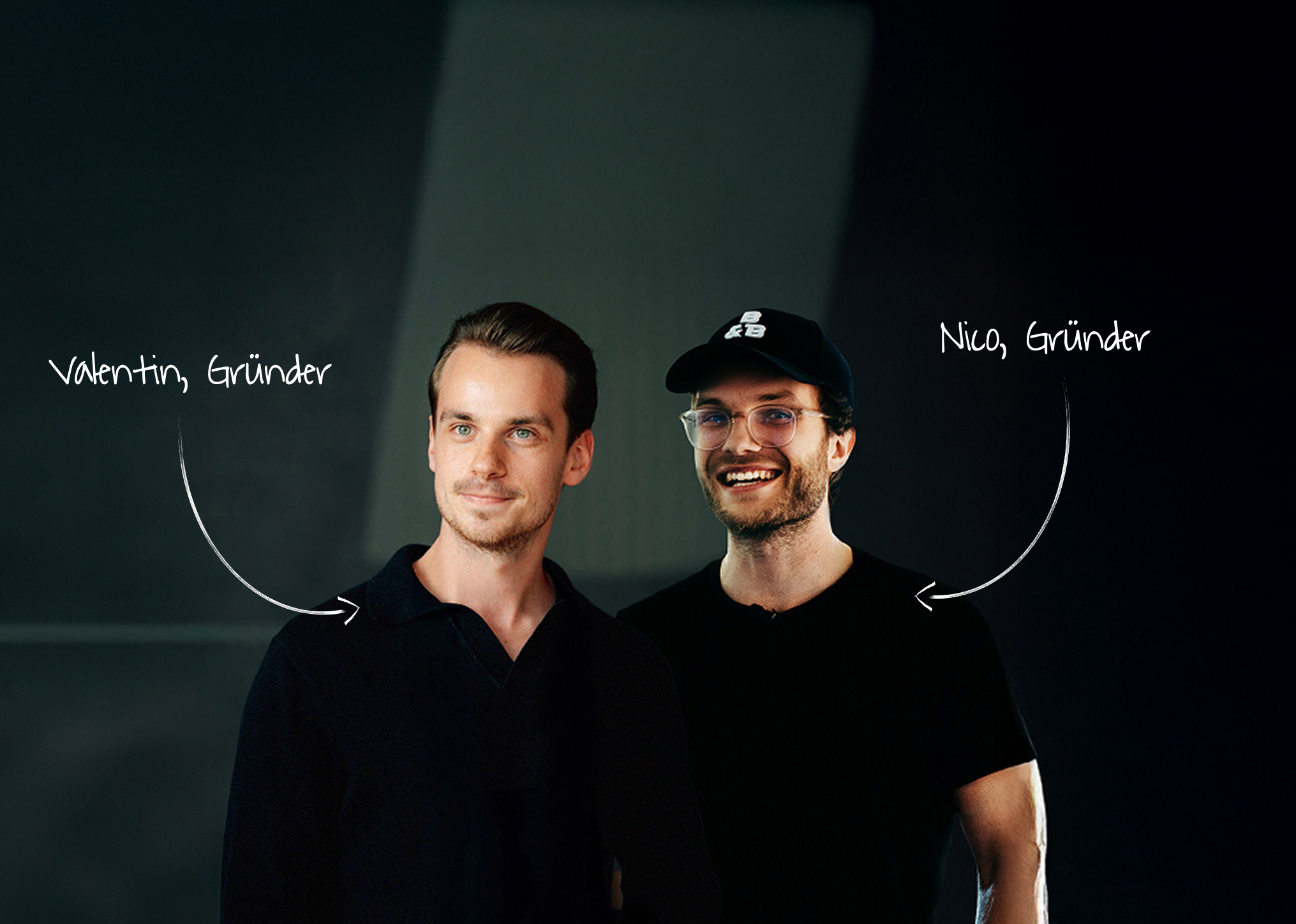 Two men, Valentin and Nico, identified as founders with handwritten labels and arrows pointing to them.