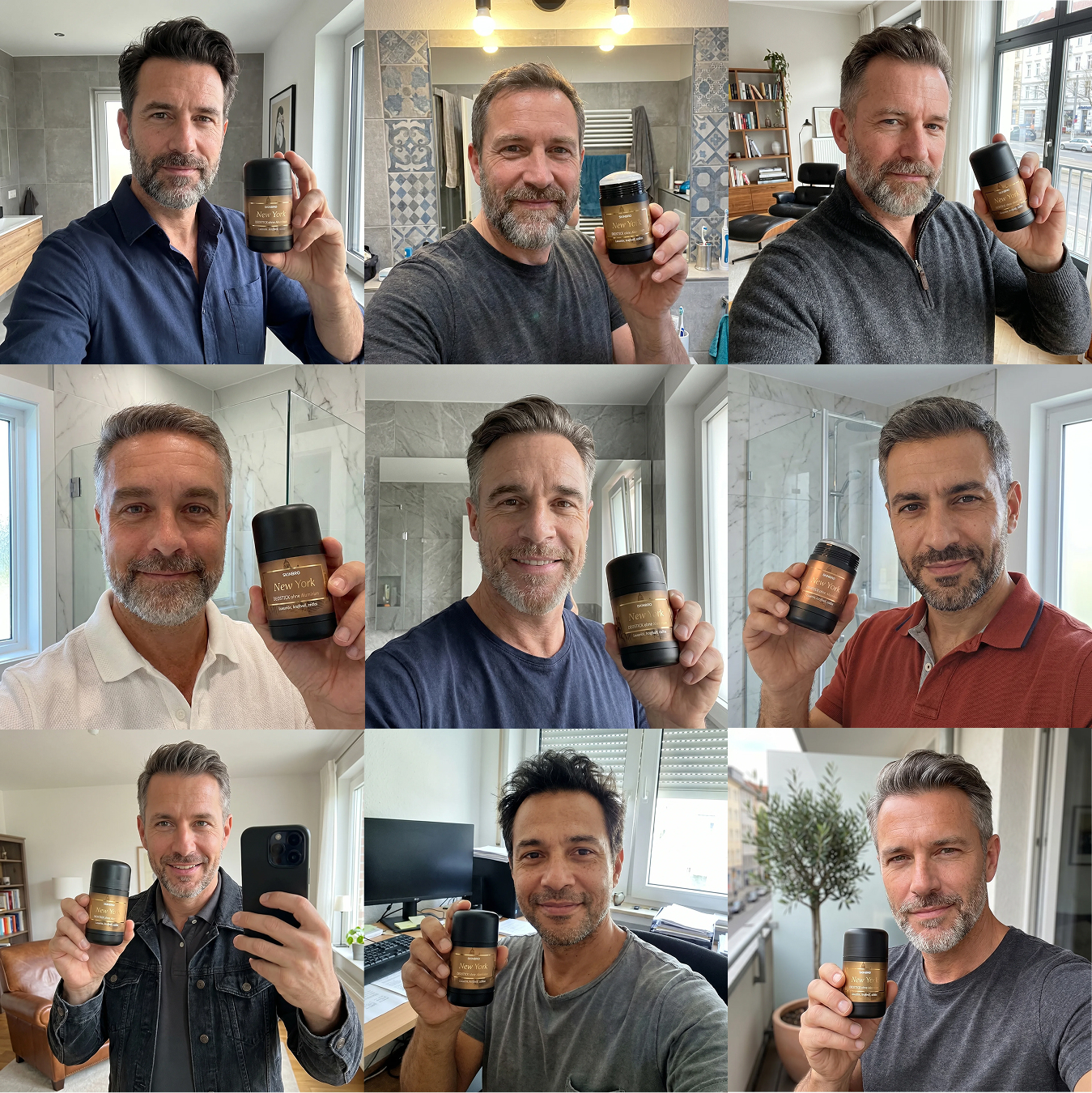 A collage of nine selfies of different men, each holding up the same deodorant product.