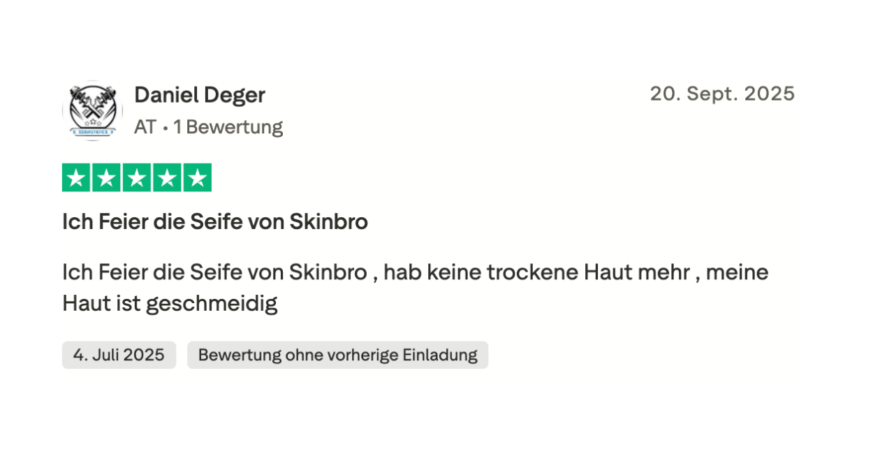 German review with 5-star rating for Skinbro soap.