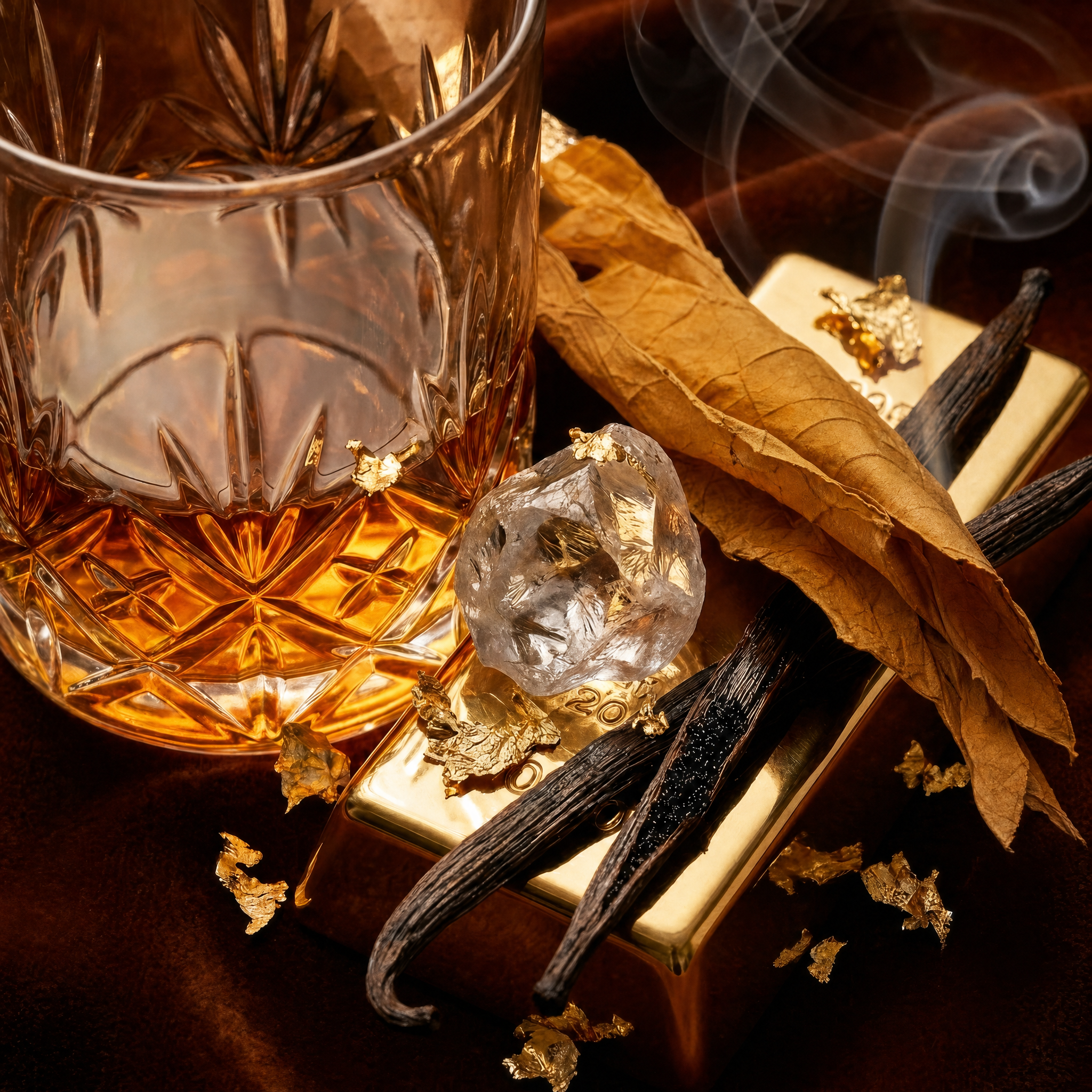 A glass of whiskey, a rough diamond, gold bars, tobacco leaves, and vanilla beans.