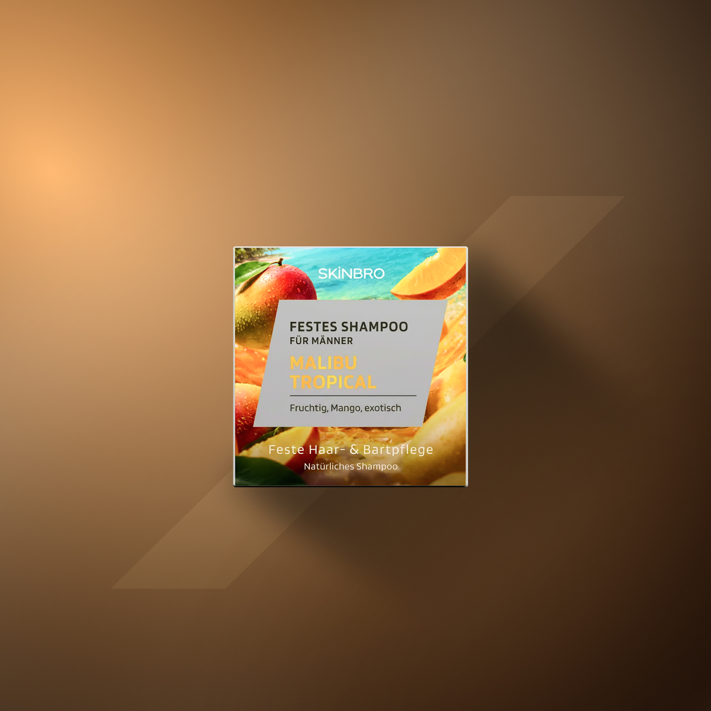 Product image for Skinbro's Malibu Tropical solid shampoo for men, with mangoes and a beach scene.