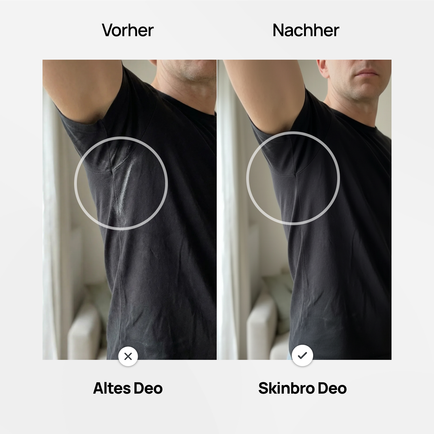 A before and after image showing a black t-shirt armpit with white deodorant stains, then clean.