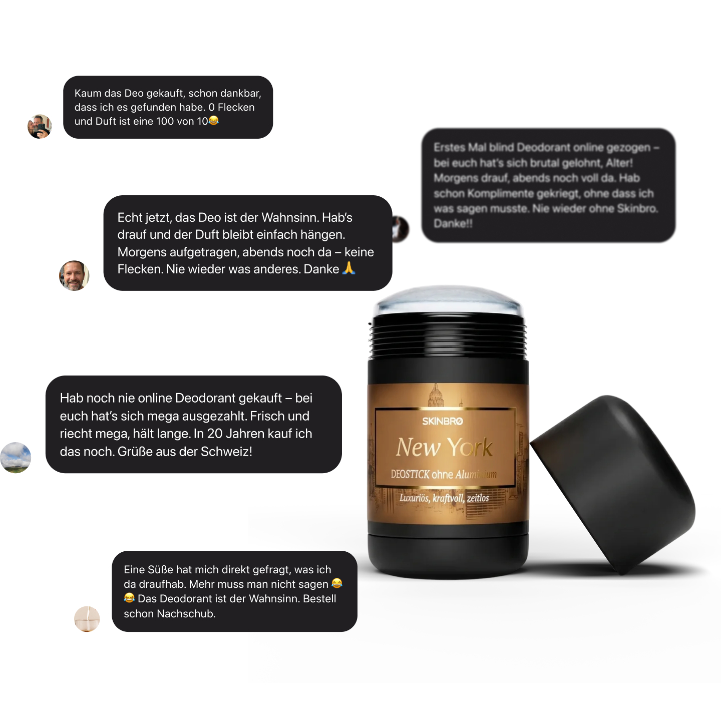 A Skinbro New York deodorant stick is shown next to several customer testimonials in German chat bubbles.