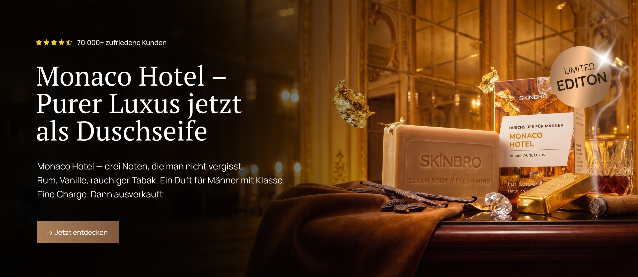 A luxurious product shot of Monaco Hotel soap with a gold bar, diamond, cigar, and glass of liquor.