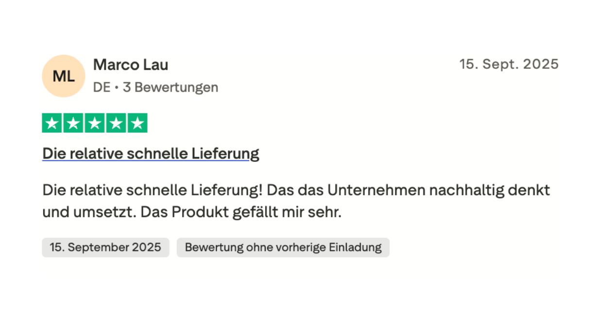 Product review with username, five-star rating, and positive comments in German.