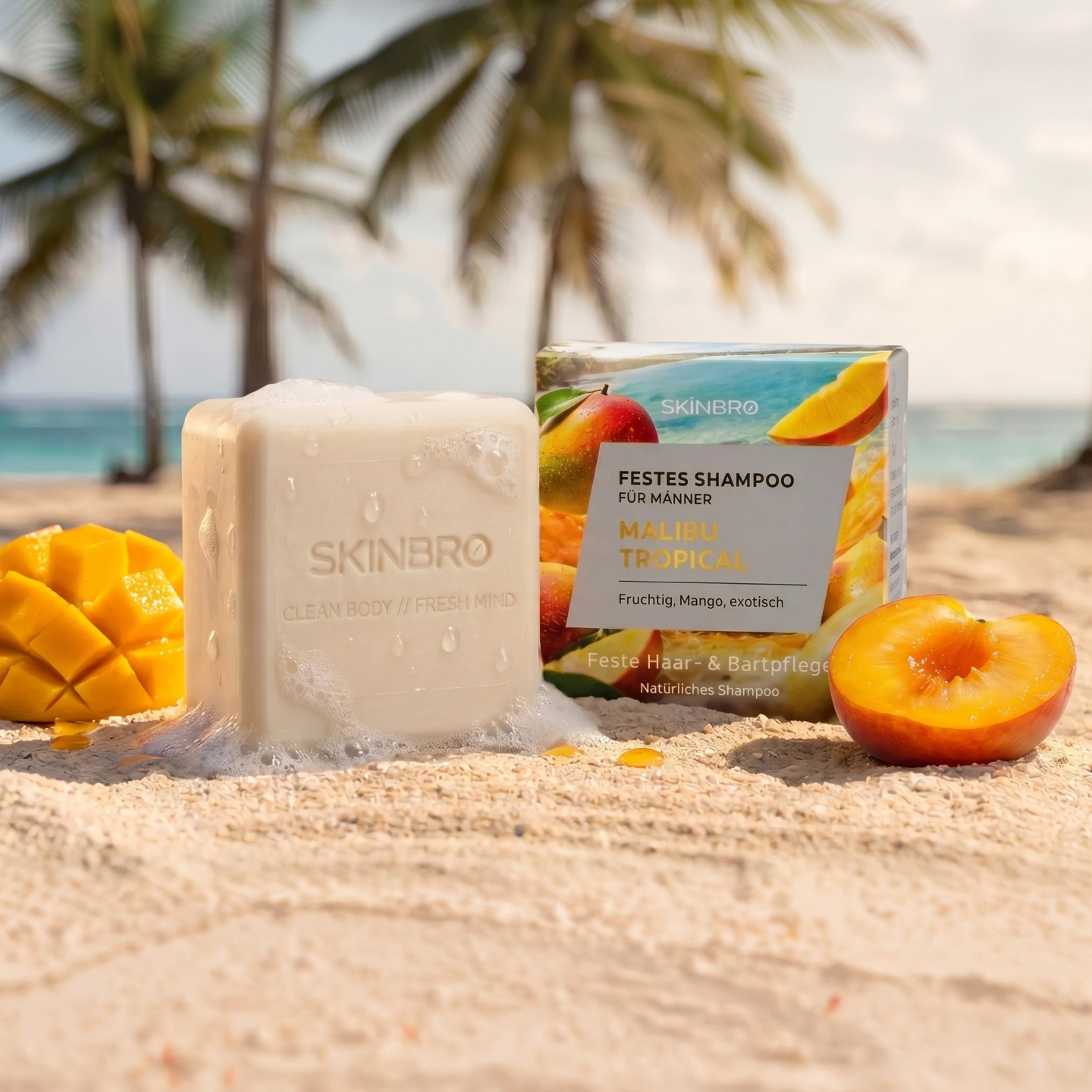 A Skinbro solid shampoo bar and its packaging sit on a tropical beach with fresh mango and peaches.