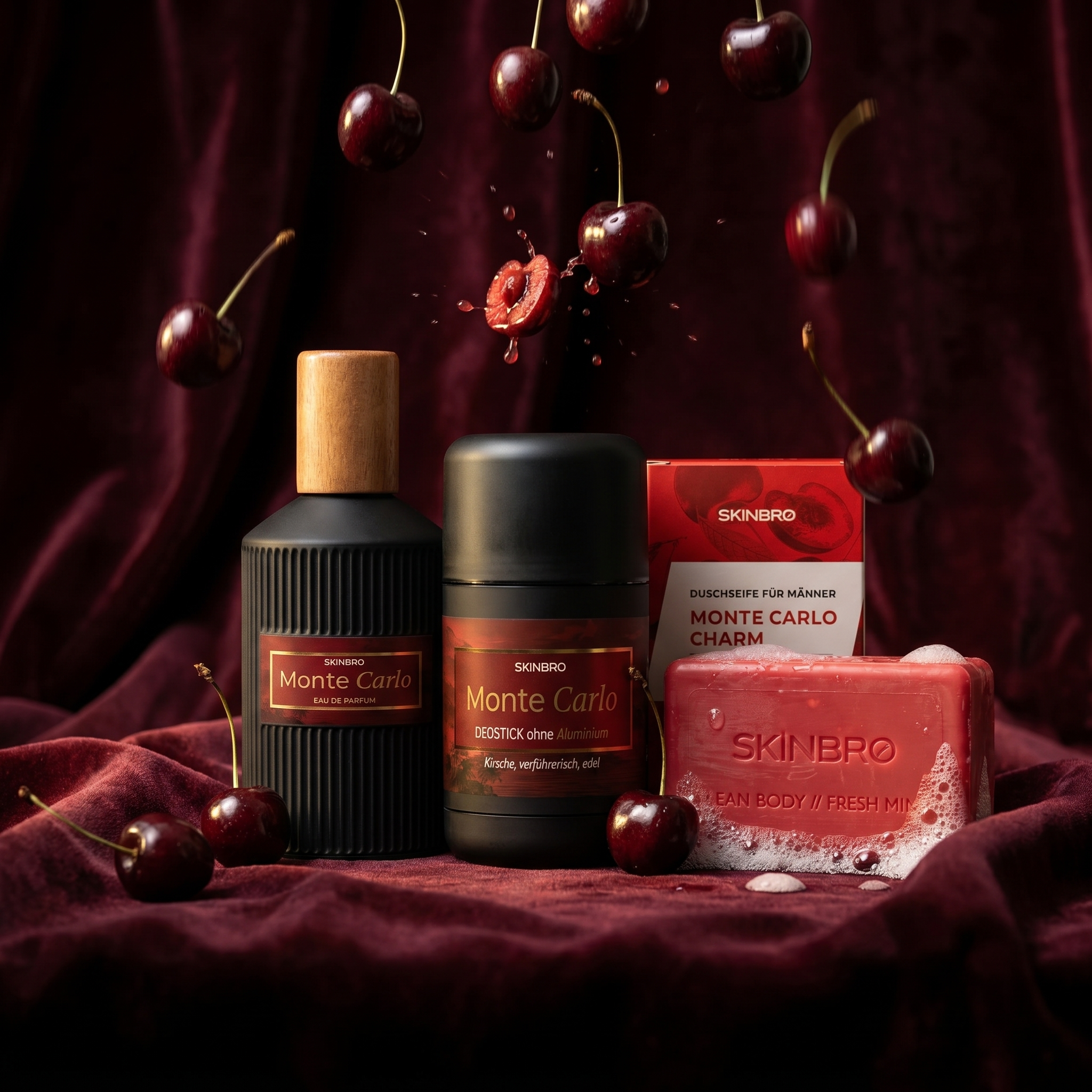 A collection of Skinbro Monte Carlo men's grooming products arranged with falling cherries on a velvet background.
