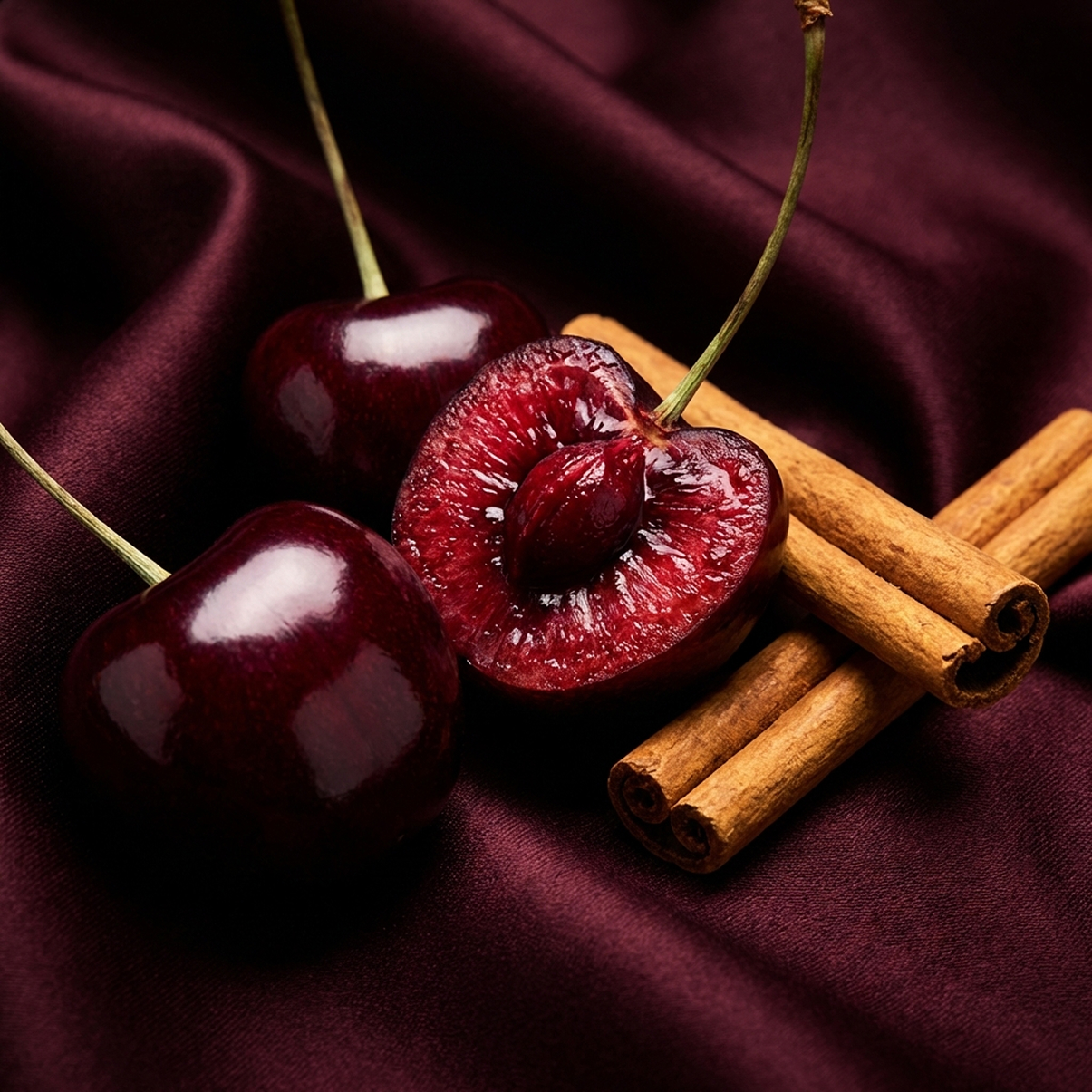 A close-up of dark red cherries and cinnamon sticks on a rich, silky burgundy fabric.