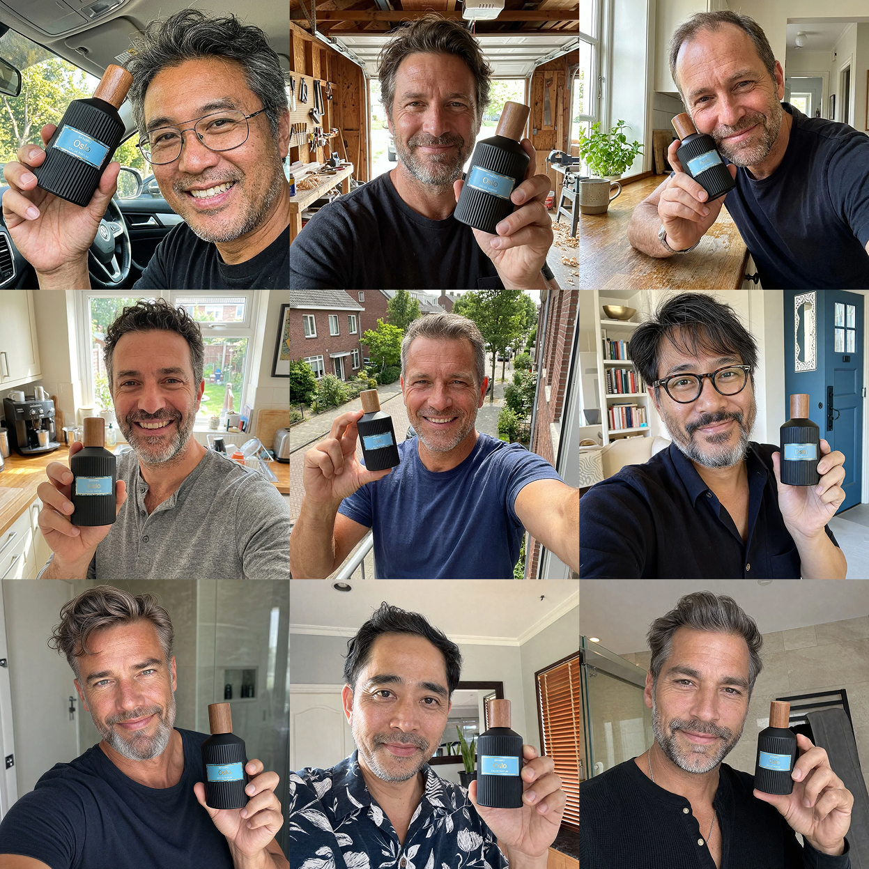 A collage of nine selfies of various men, each holding a black bottle of fragrance.