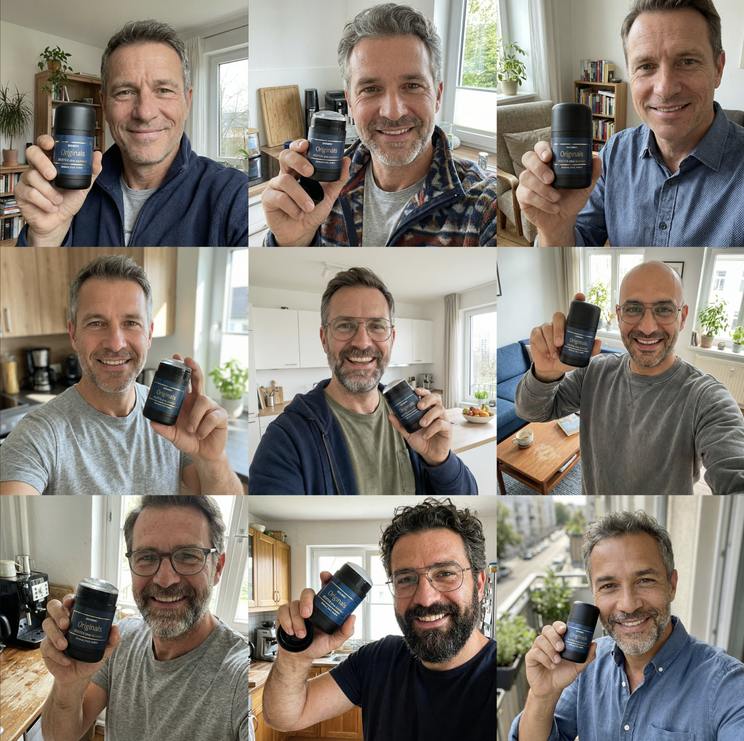 A photo collage of nine different men, each holding up a container of Monte Carlo deodorant.
